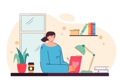 cute girl writing diary sitting desk flat illustration 74855 15392