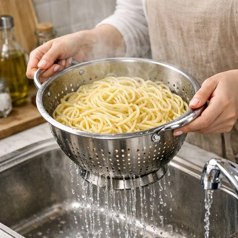 طرز تهیه ماکارونی مجلسی و خوشمزه | مرحله به مرحله 3 آبکش کردن ماکارونی برای جلوگیری از چسبیدن و وا رفتن