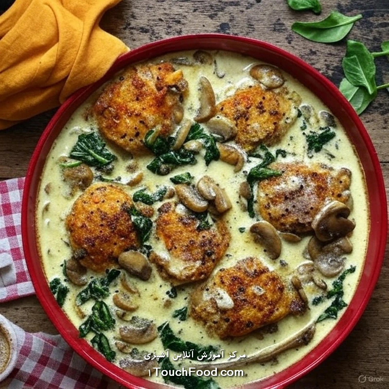 چلو مرغ با سس خامه‌ای قارچ