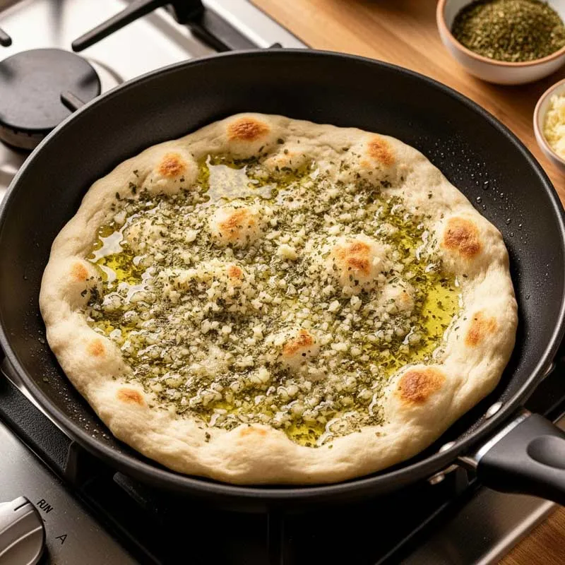 نان سیر و سبزیجات تابه‌ای خانگی سریع و کم‌مواد